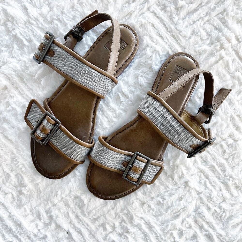 Frye Phillip Buckles Slate Cotton Twill Leather Slingback Sandals Coastal Boho